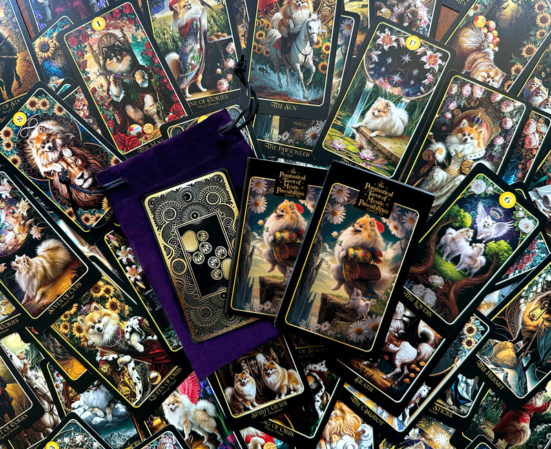 PomTarotSpread-w-box-and-bag-and-book Mystic Paws Pomtastical Tarot Card Deck Spreadwith Booklet and Velvet Bag